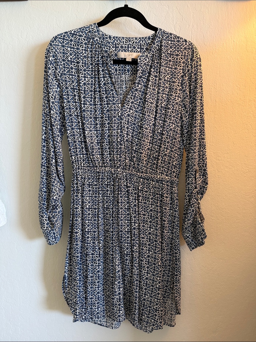 LOFT Navy & White Printed Long-Sleeve V-Neck Dress